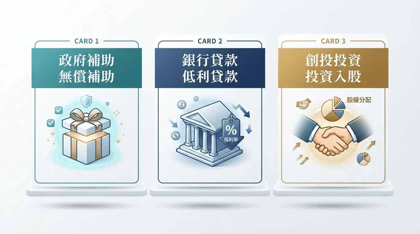 創業資金怎麼選：補助、貸款、投資決策示意